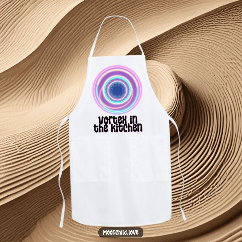 Funny abstract cosmic vortex of neon rings on a practical apron, bringing interstellar style to cooking.