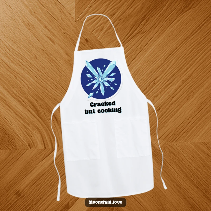 Funny geometric shards shattering across a practical apron, adding an artistic and humorous touch.