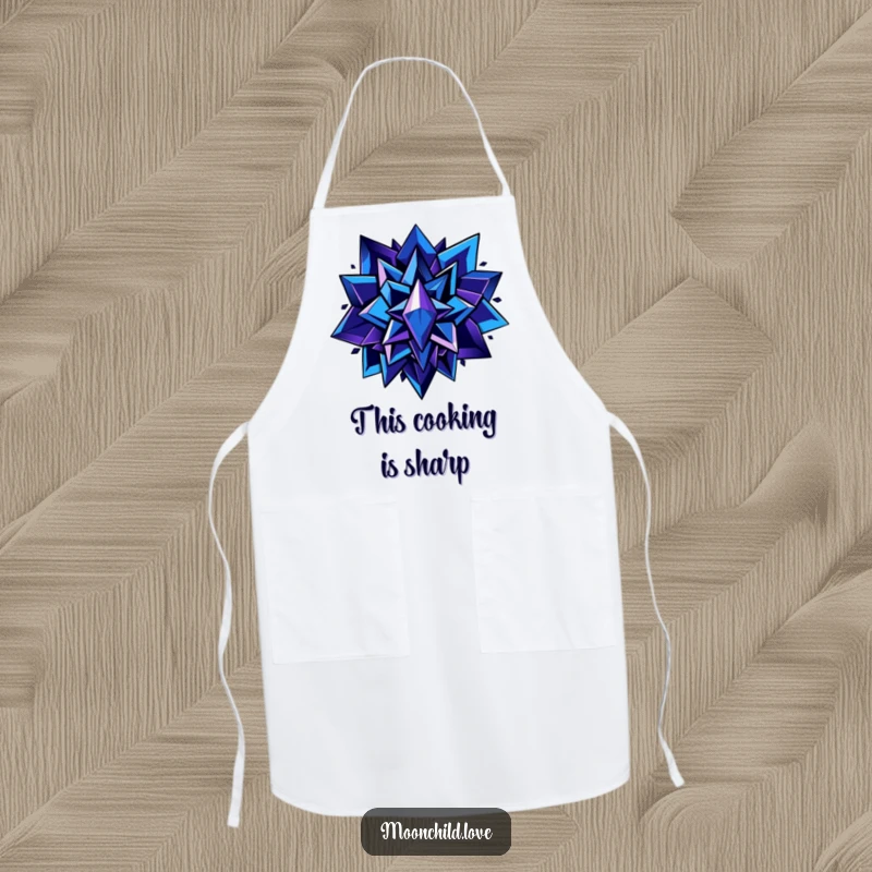 Funny kitchen apron featuring sharp, angular shapes in deep blues and purples with metallic accents, perfect for a stylish and funny cooking experience.
