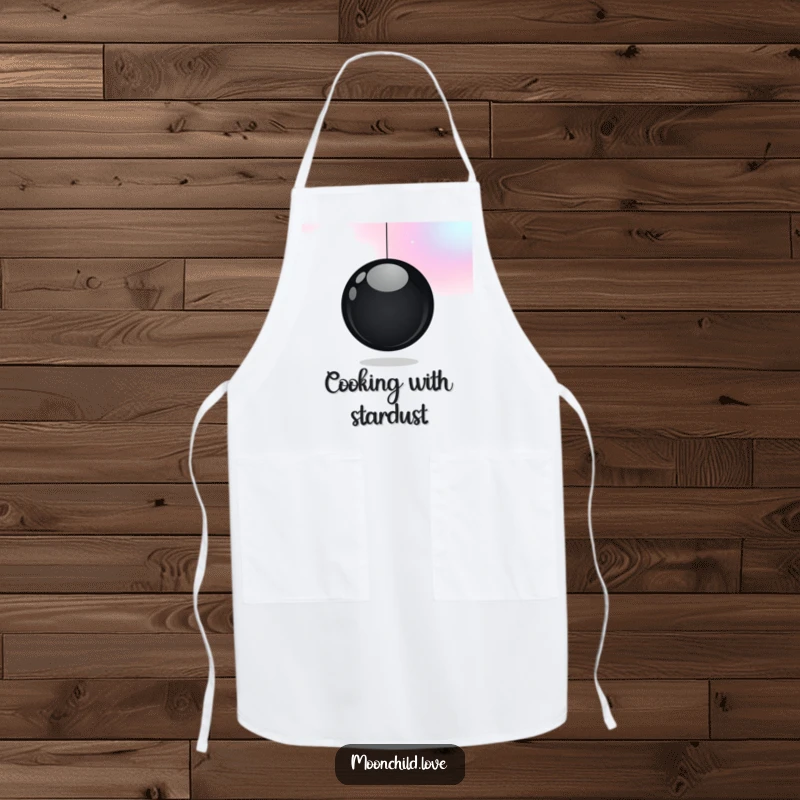 Funny kitchen apron featuring a minimalist black orb against a gradient of cosmic colors, perfect for stylish and funny cooking adventures.