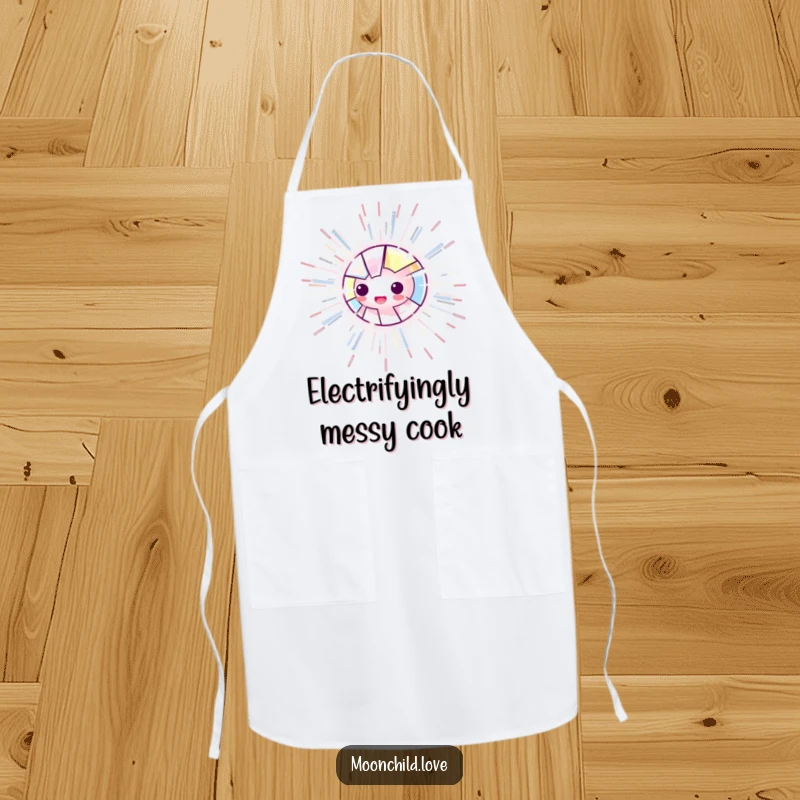 Funny kitchen apron featuring energetic, electric lines radiating from a luminous object, perfect for a dynamic and funny cooking experience.