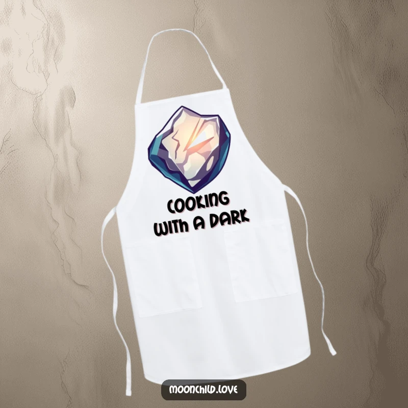 Funny kitchen apron featuring a sharp obsidian shard reflecting distorted, glowing light, perfect for a stylish and funny cooking experience.
