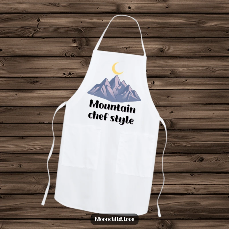 Funny, minimalist apron featuring jagged mountain silhouettes under a crescent moon, perfect for a chef’s kitchen.