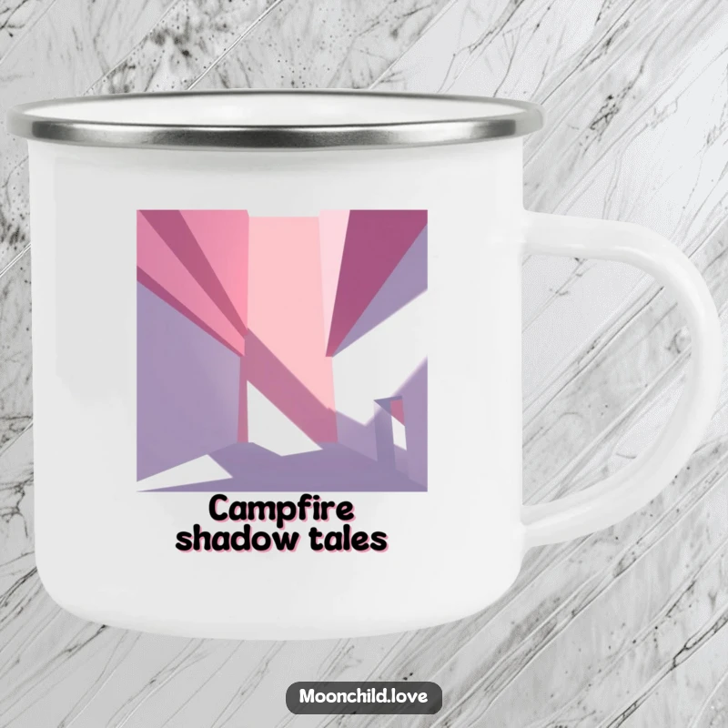 Angular abstract architectural shapes casting dramatic shadows, printed on a rugged and stylish camping mug.