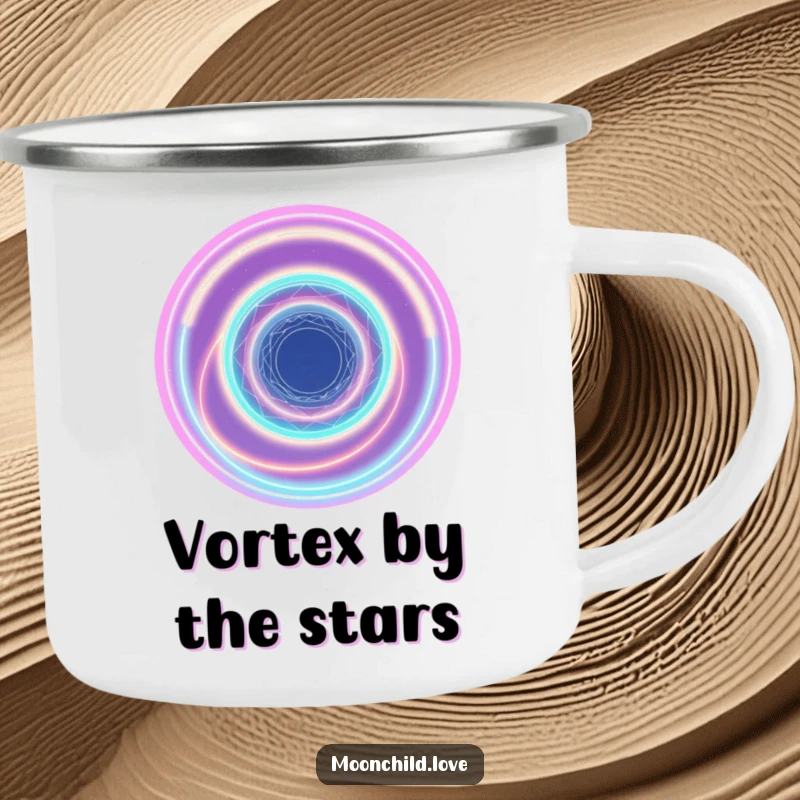 Funny abstract cosmic vortex of neon rings on a durable camping mug, perfect for stargazing.