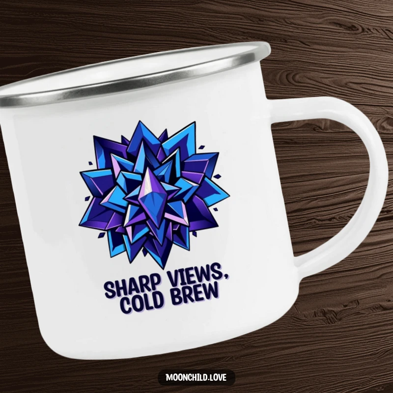 Funny camping mug featuring abstract shapes in deep blues and purples with metallic accents, durable and stylish for outdoor adventures and funny gifts.