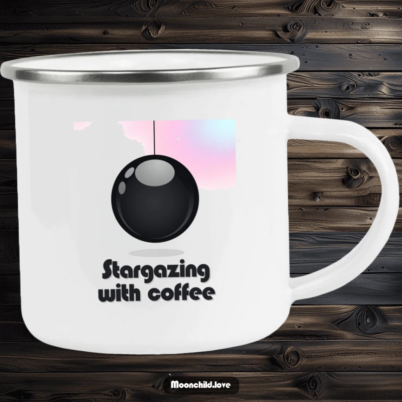 Funny camping mug featuring a minimalist black orb against a cosmic color gradient, durable and stylish for outdoor fun and funny gifts.