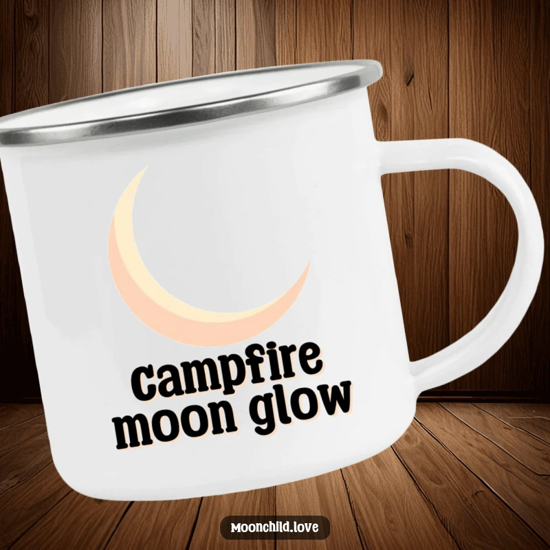 Funny geometric crescent moon silhouette casting bold shadows, on a sturdy and humorous camping mug.