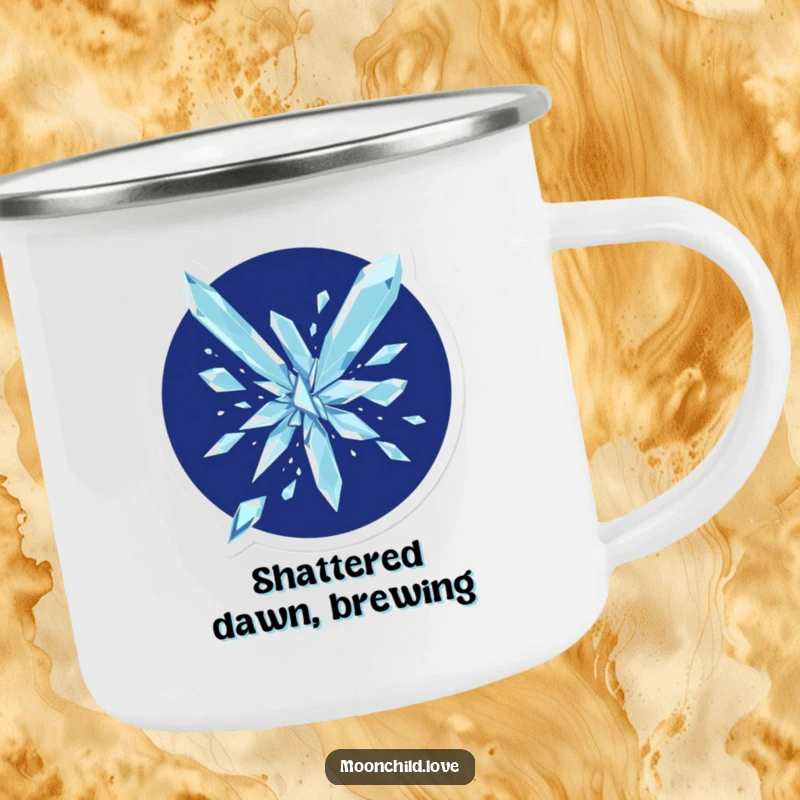 Funny geometric shards shattering against a deep indigo background on a durable camping mug.