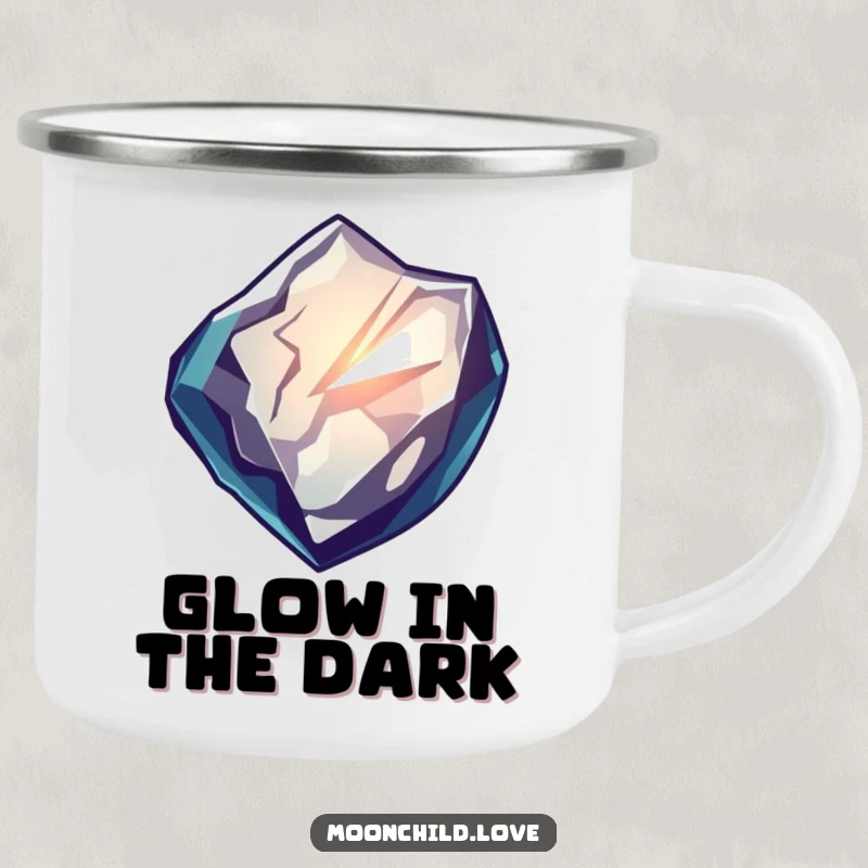 Funny camping mug featuring a sharp obsidian shard reflecting distorted, glowing light, durable and stylish for outdoor fun and funny gifts.