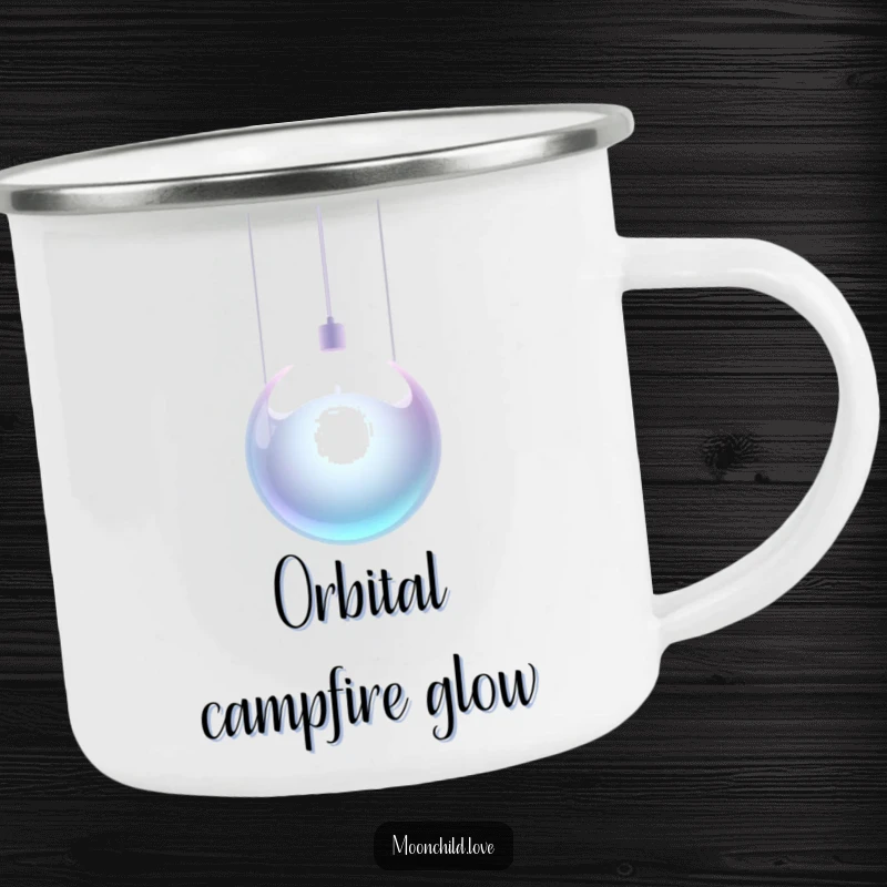 Funny metallic orb suspended by glowing wires on a durable camping mug, ready for adventure.