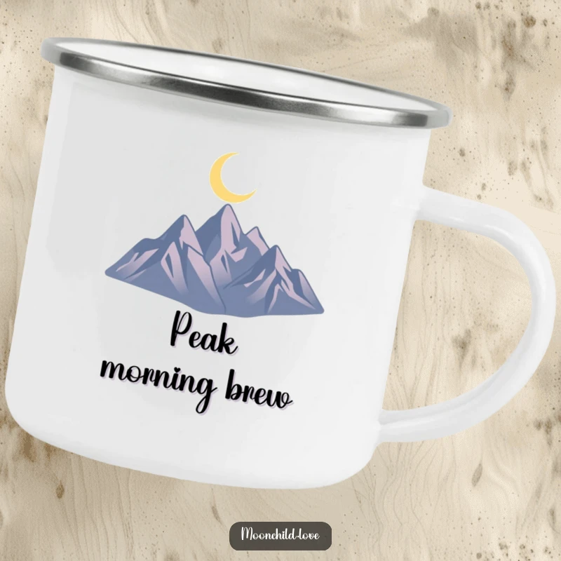 Funny, enamel camping mug with a minimalist silhouette of jagged mountains and a crescent moon, built for adventure.