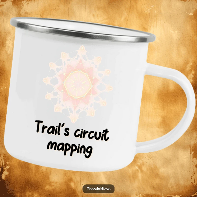 Funny Camping Mug with a glowing minimalist abstract lattice pattern, suitable for outdoor use with a futuristic art theme.