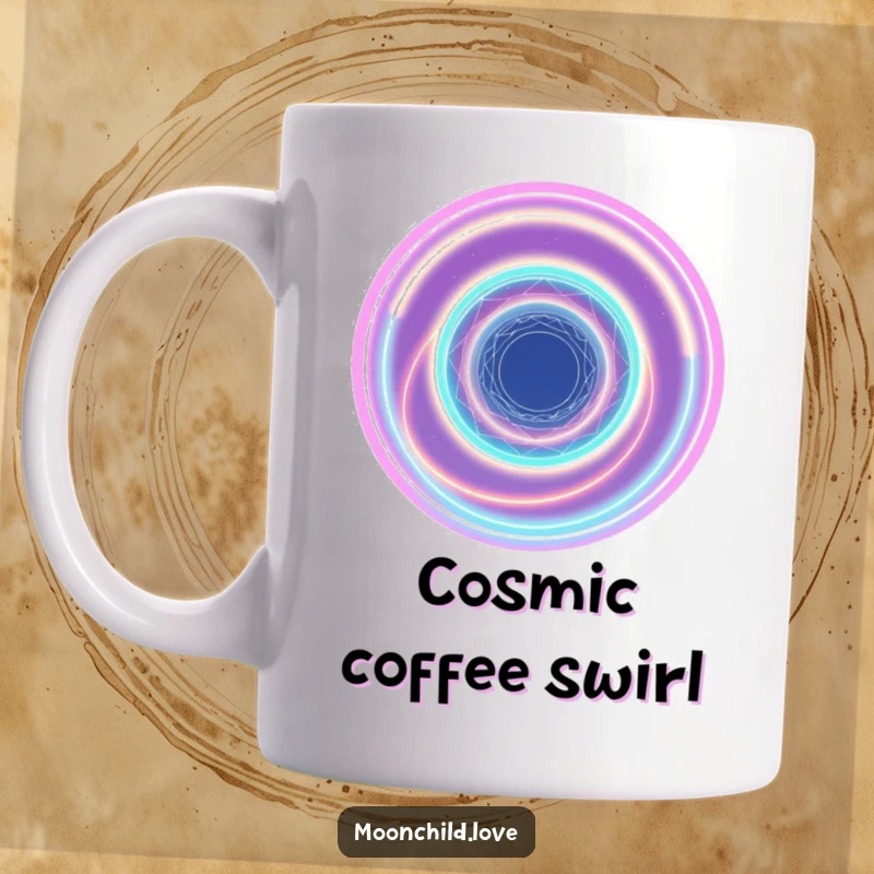 Funny abstract cosmic vortex made of interconnected neon light rings, depicted on a mug, evoking space exploration.