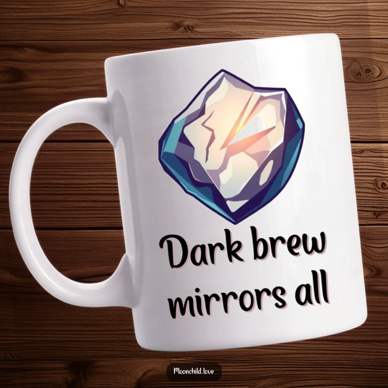 Funny mug featuring a sharp obsidian shard reflecting distorted, glowing light, perfect for a mysterious and funny gift.