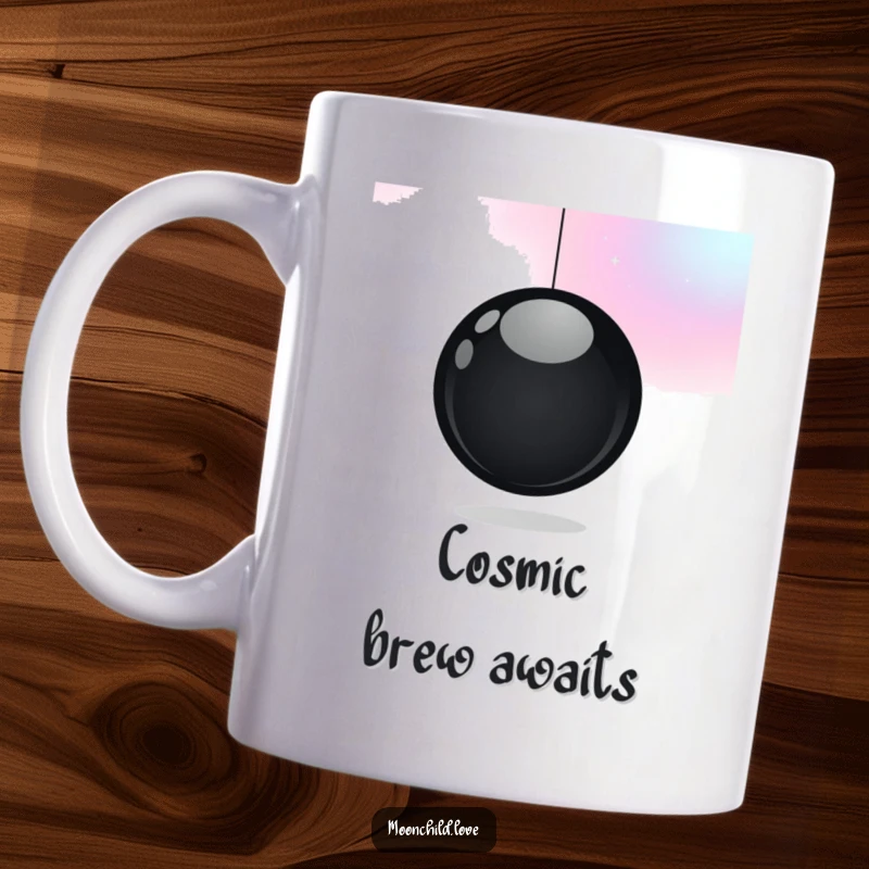 Funny minimalist mug featuring a black orb against a cosmic color gradient, perfect for a stylish and funny space-themed gift.