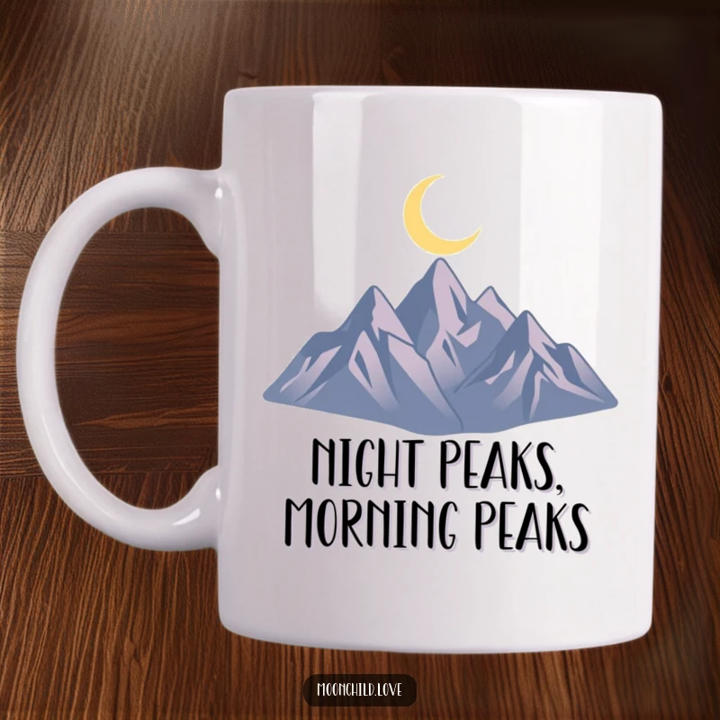 Funny minimalist mug featuring jagged mountain silhouettes beneath a glowing crescent moon, evoking peaceful night adventure.