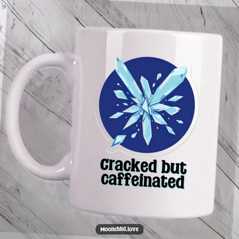 Funny abstract scene of crystalline geometric shards shattering dramatically against a deep indigo background on a mug.