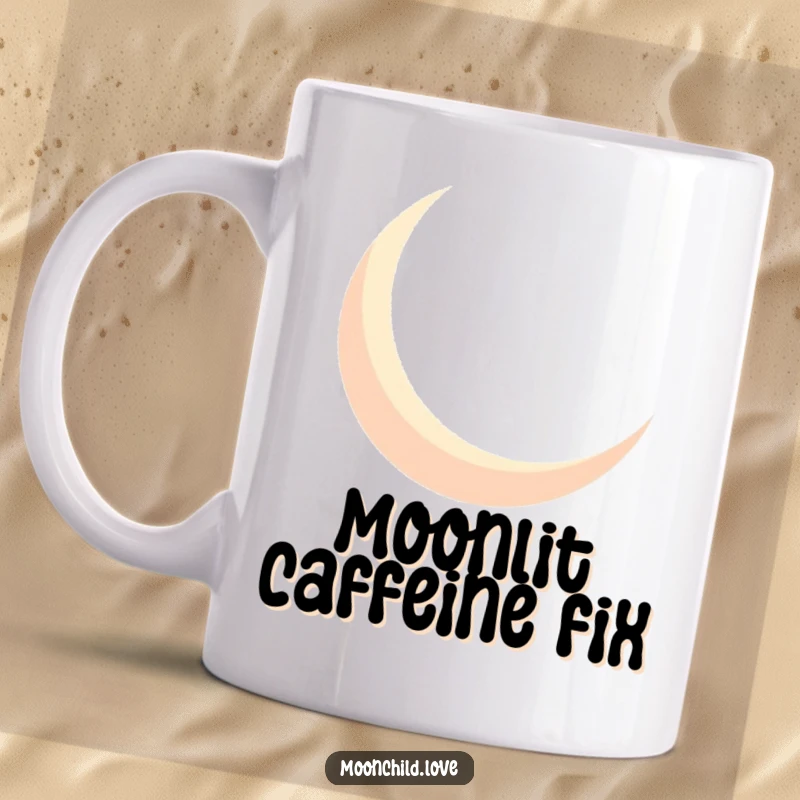 Funny geometric crescent moon silhouette casting bold shadows, creating a mysterious and humorous design on a mug.