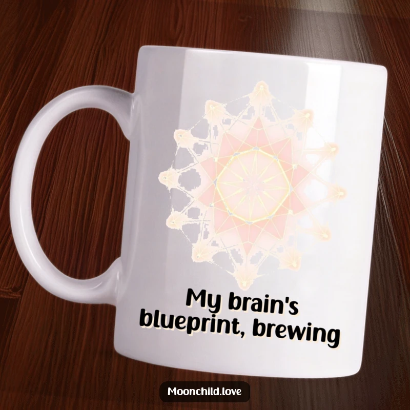 Funny Mug with glowing minimalist abstract lines forming an intricate, futuristic lattice, symbolizing innovation and modern art.