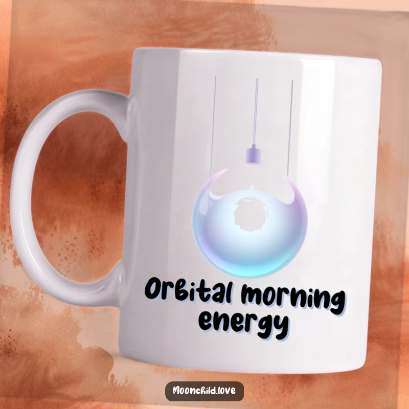 Funny metallic orb suspended by thin, glowing wires, depicted on a sleek mug, adding a touch of sci-fi charm.