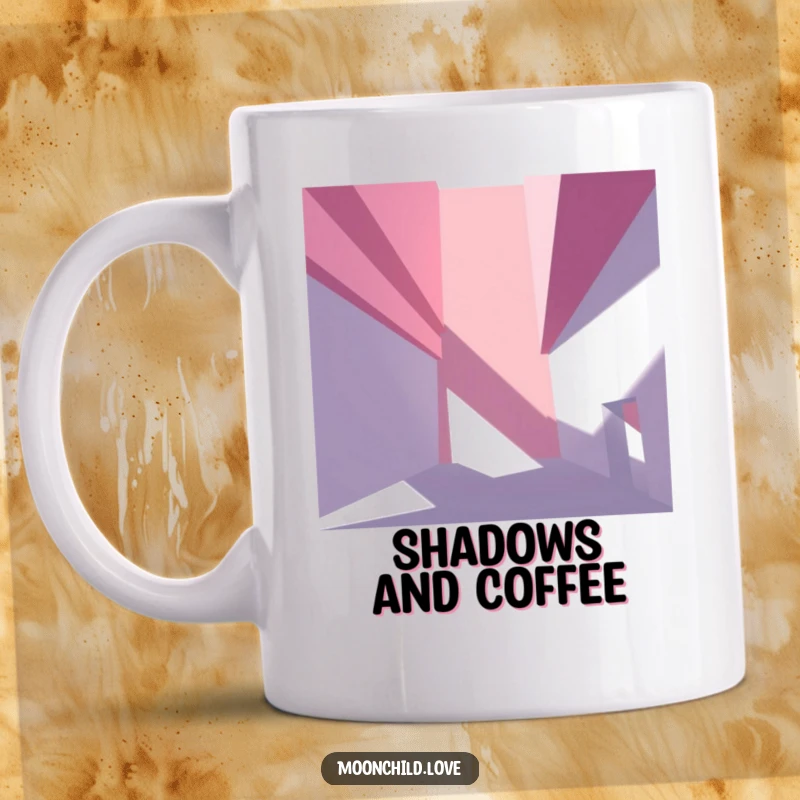 Angular abstract architectural shapes creating dramatic, stark shadows, printed on a minimalist and modern mug.
