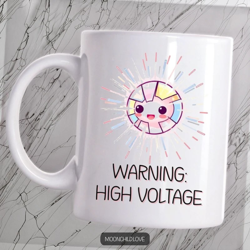 Funny mug featuring a fragmented, luminous object radiating energetic, electric lines, symbolizing power and excitement, a perfect funny gift.