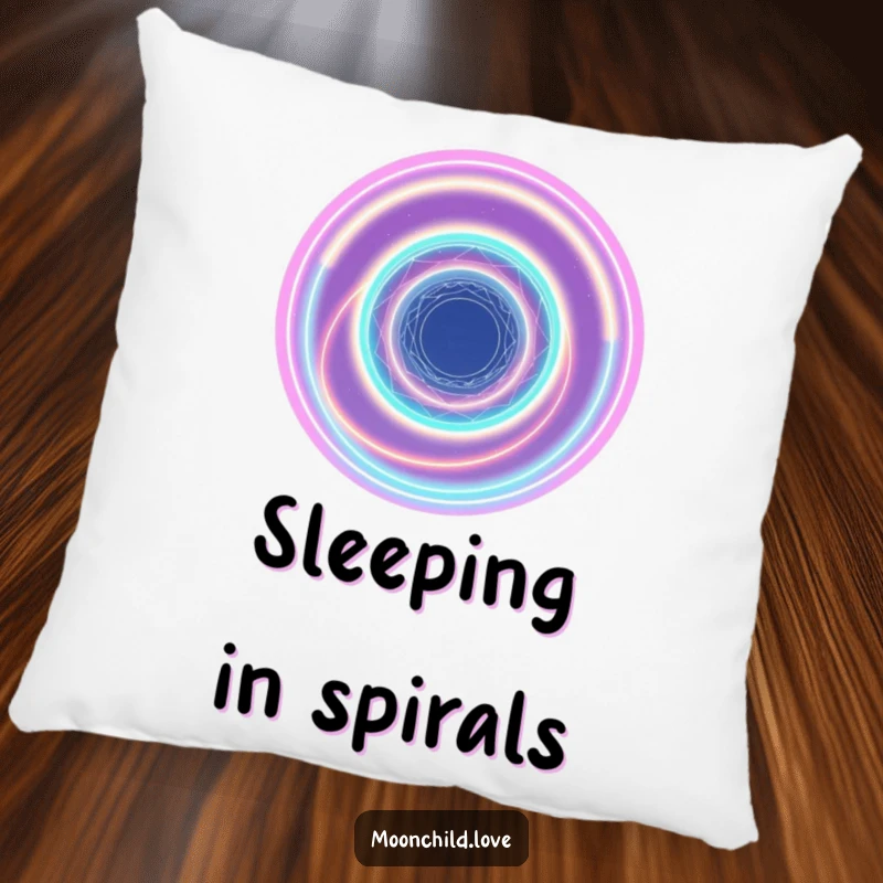 Funny abstract cosmic vortex of neon light rings on a soft throw pillow, adding galactic comfort.