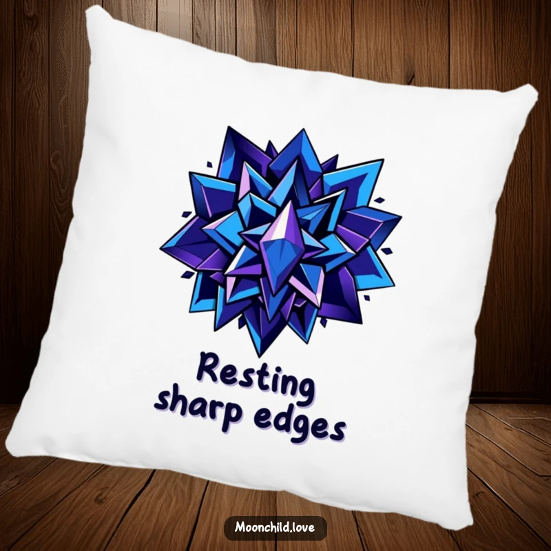 Funny pillow featuring sharp, angular shapes in deep blues and purples with metallic accents, a cozy and stylish funny decor gift.