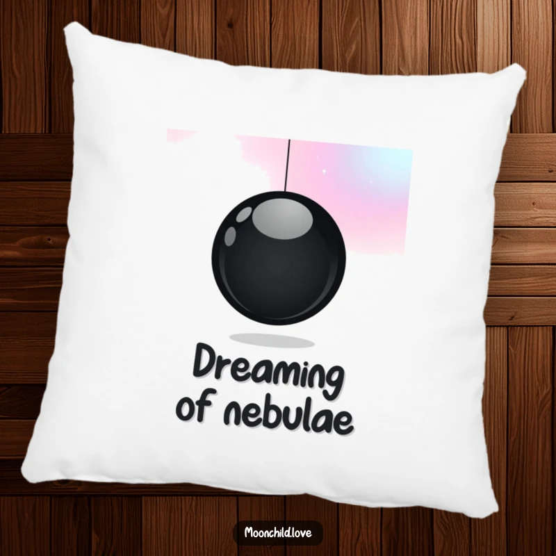 Funny pillow featuring a minimalist black orb against a gradient of cosmic colors, offering cozy comfort and a funny, celestial ambiance.