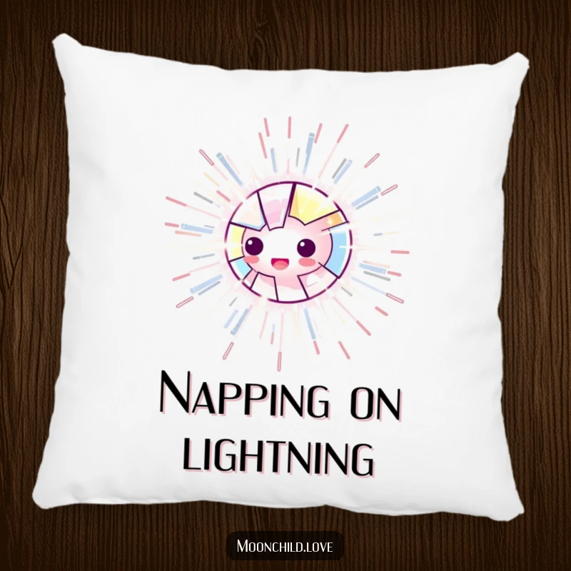 Funny pillow showcasing a luminous, fragmented object radiating energetic, electric lines, adding a cozy and funny spark to any room.