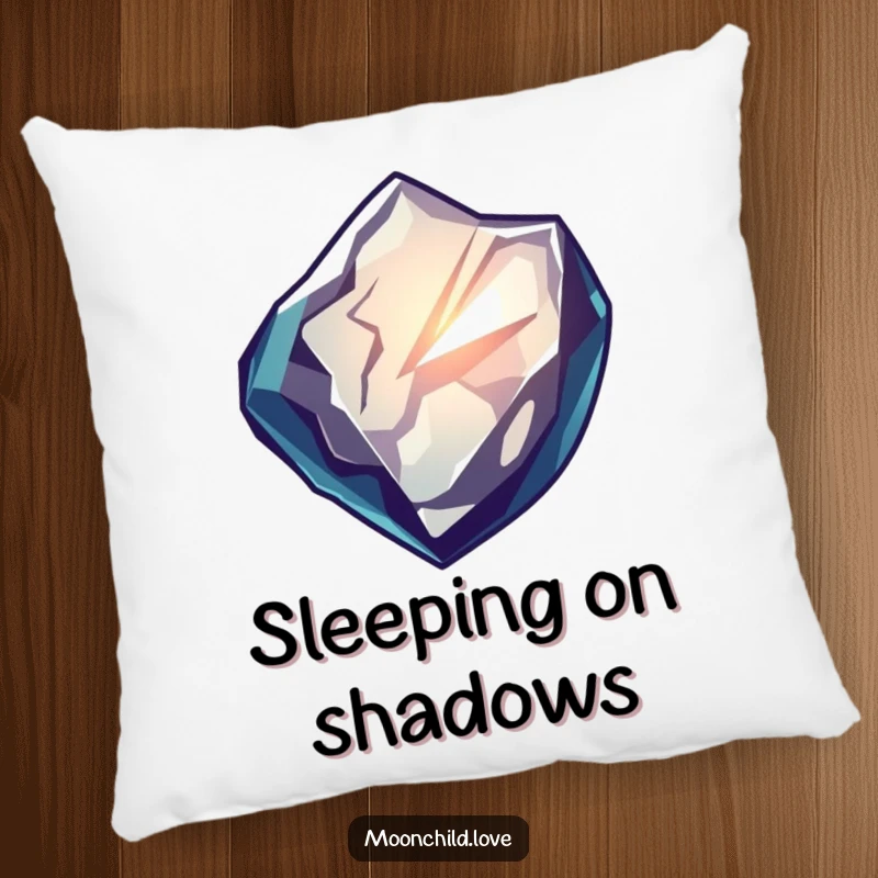Funny pillow featuring a sharp obsidian shard reflecting distorted, glowing light, offering cozy comfort and a funny, mysterious ambiance.