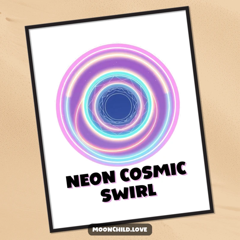 Funny abstract artwork of interconnected neon rings forming a cosmic vortex, as a digital art print.