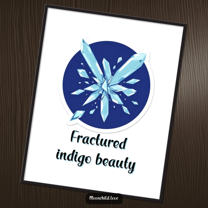 Funny abstract artwork of crystalline geometric shards shattering against a deep indigo background, digital print.