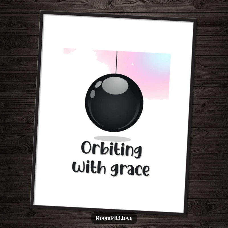 Funny digital art print of a minimalist black orb against a cosmic color gradient, offering instantly downloadable elegant and funny wall decor.