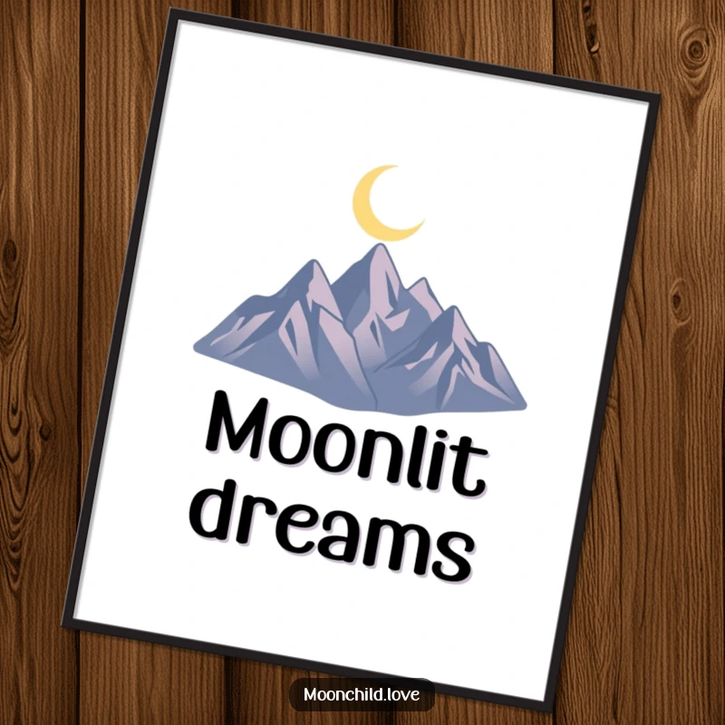 Funny, downloadable digital art print of jagged mountain silhouettes beneath a crescent moon, offering minimalist wall decor.