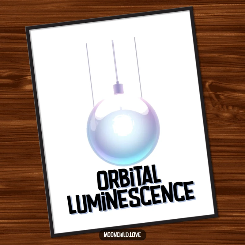 Funny artwork of a sleek metallic orb suspended by thin, glowing wires, as a digital art print.