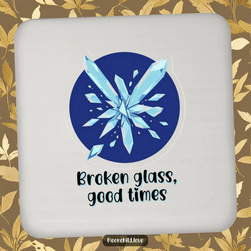 Funny abstract pattern of crystalline geometric shards shattering on a set of protective drink coasters.