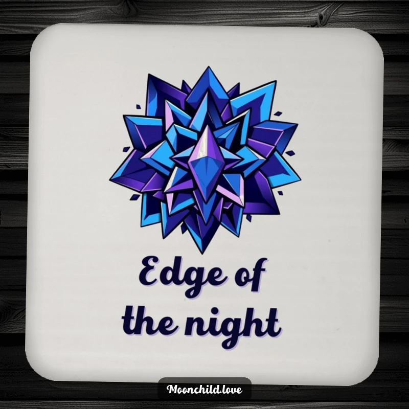 Funny coasters featuring sharp, angular shapes in deep blues and purples with metallic accents, protecting surfaces with artistic flair and funny charm.