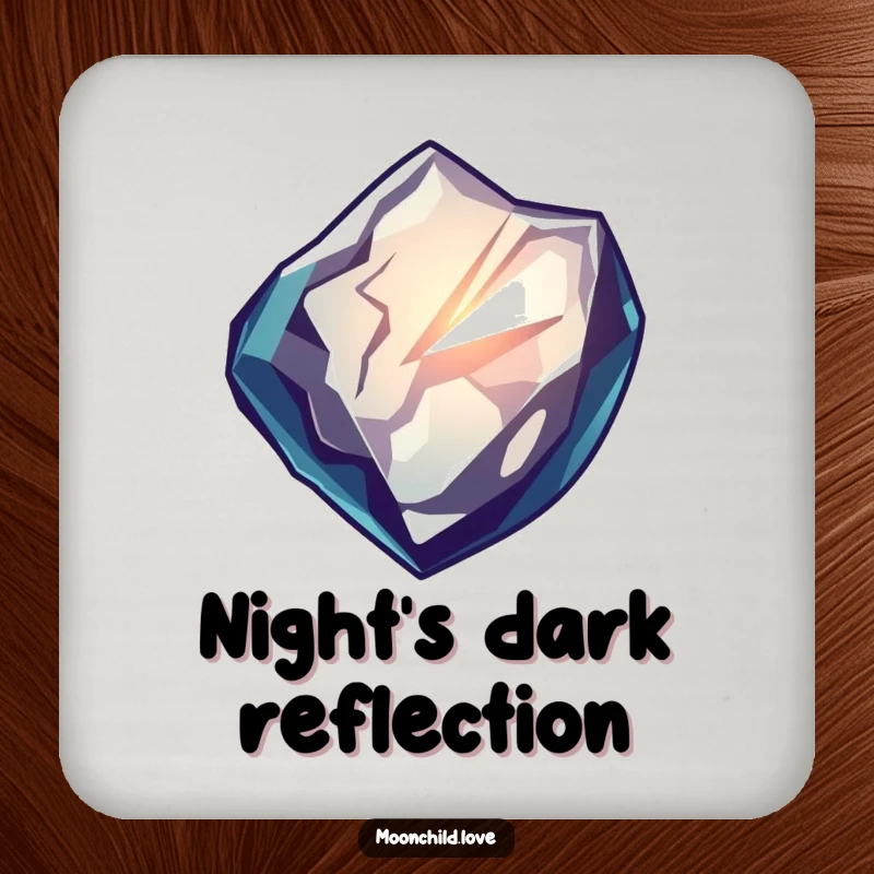 Funny coasters featuring a sharp obsidian shard reflecting distorted, glowing light, combining protection with a stylish and funny dark theme.