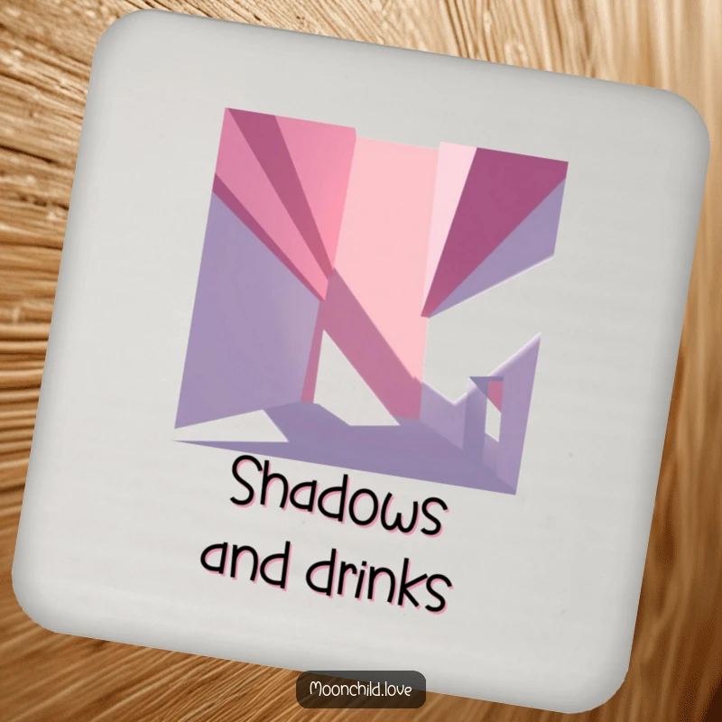 Angular abstract architectural elements casting stark, dramatic shadows, printed on a protective and stylish drink coaster.