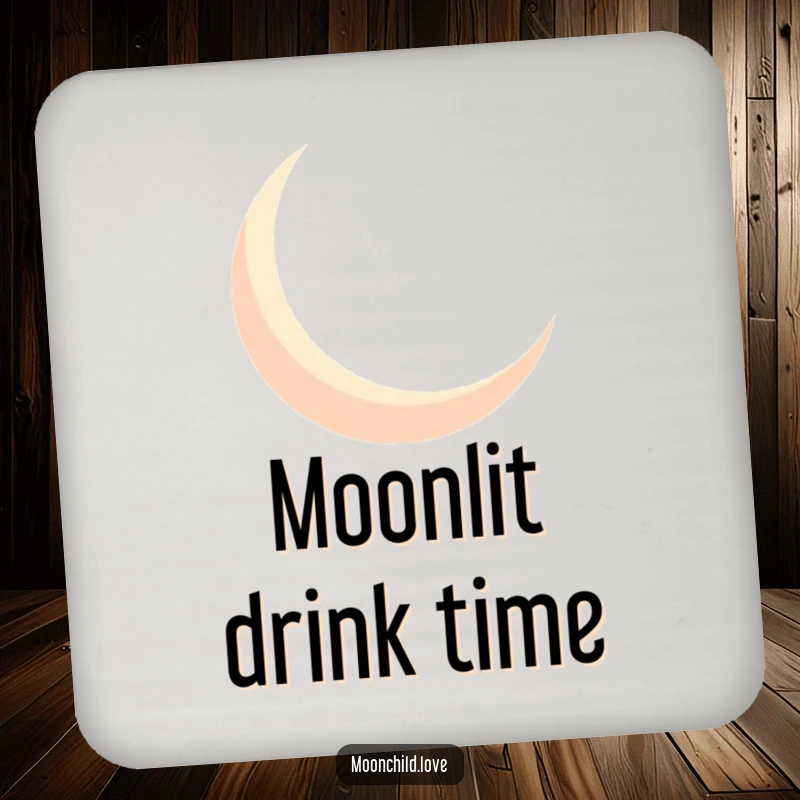 Funny geometric crescent moon silhouette casting bold shadows, on a humorous drink coaster.
