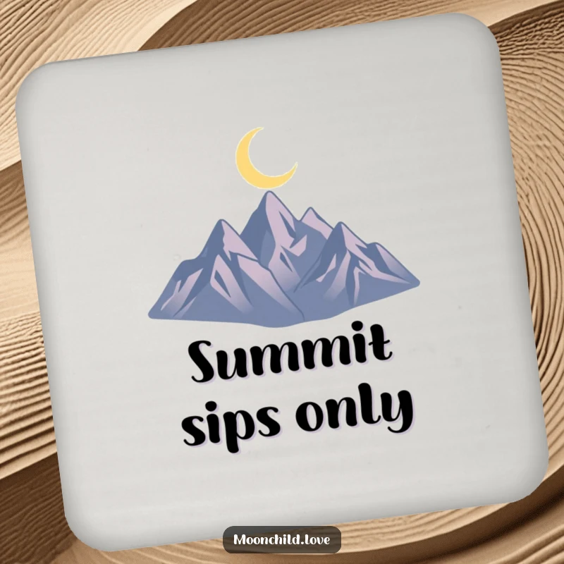 Funny drink coaster featuring a minimalist silhouette of jagged mountains under a crescent moon, protecting surfaces in style.