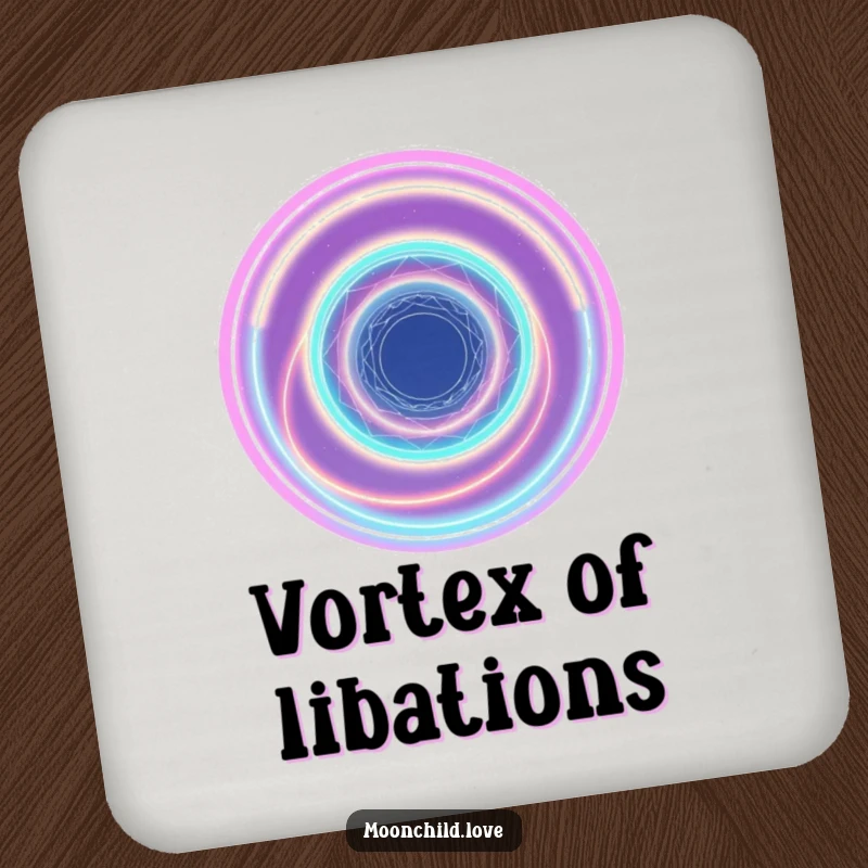 Funny abstract cosmic vortex of interconnected neon light rings on a set of protective drink coasters.