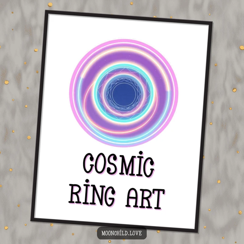 Funny abstract artwork of interconnected neon rings forming a cosmic vortex, displayed as a captivating poster.