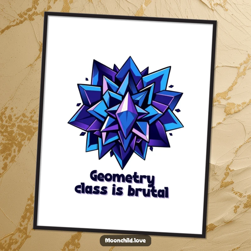 Funny abstract art poster with sharp, angular shapes in deep blues and purples accented with metallic details, ideal for funny wall decor.
