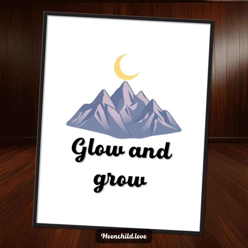 Funny poster displaying a minimalist silhouette of jagged mountains under a beautiful crescent moon, ideal for wall art.