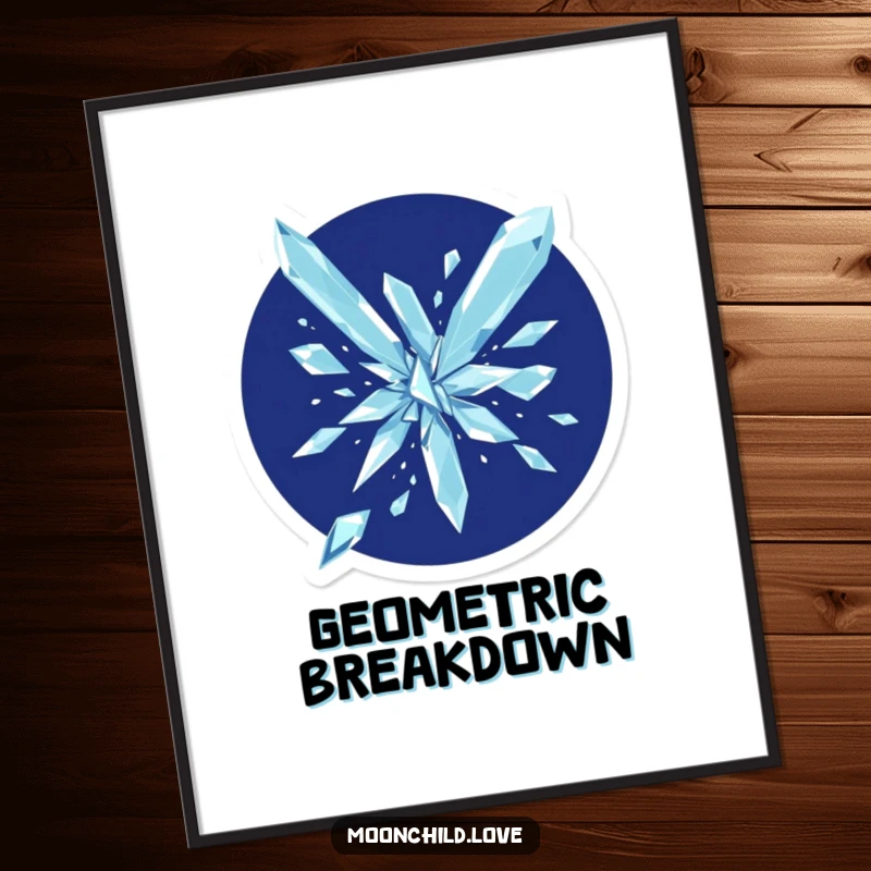 Funny dramatic artwork of crystalline geometric shards shattering against a deep indigo background as a poster.