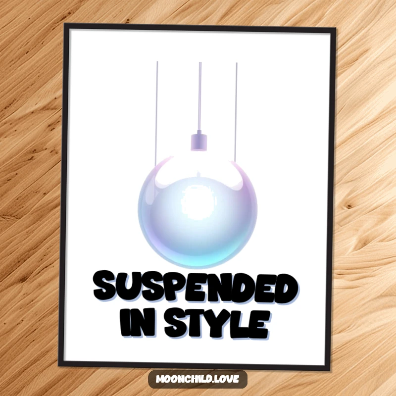 Funny artwork of a sleek metallic orb suspended by thin, glowing wires, displayed as a futuristic poster.