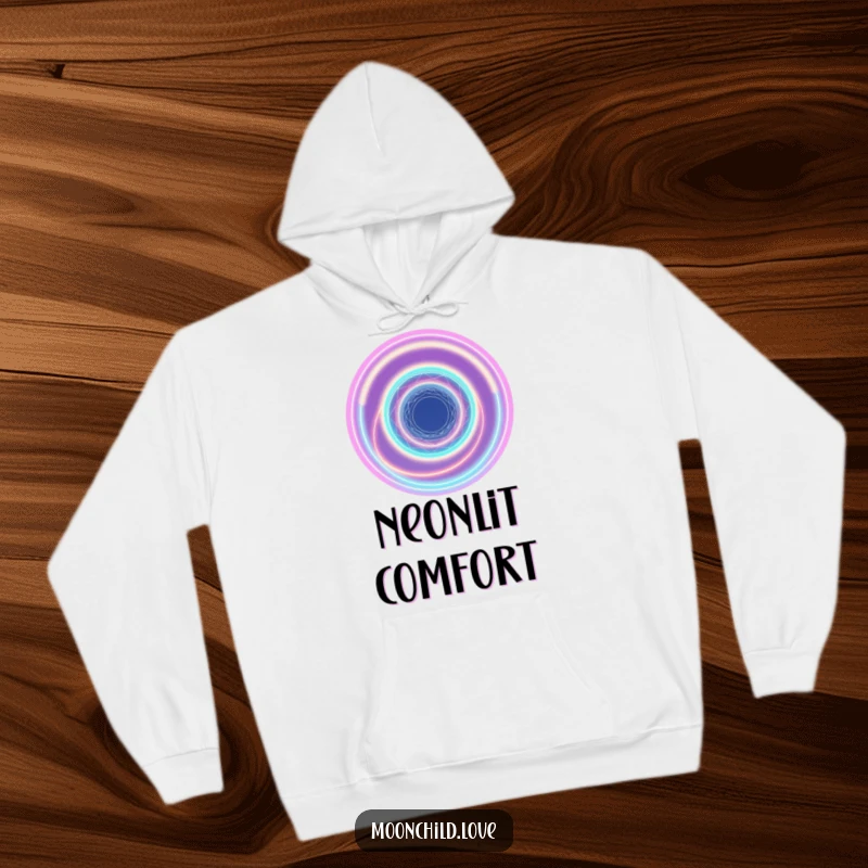 Funny abstract cosmic vortex of neon rings on a cozy hoodie, evoking the mysteries of space.